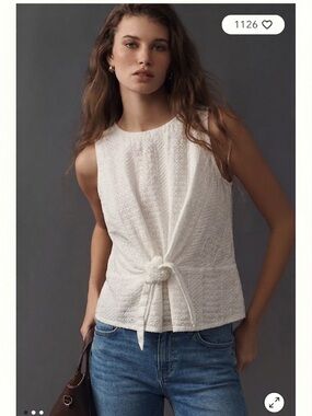 White Cropped Eyelet Tie-Front Sleeveless Blouse Sz Small- Feminine, Romantic